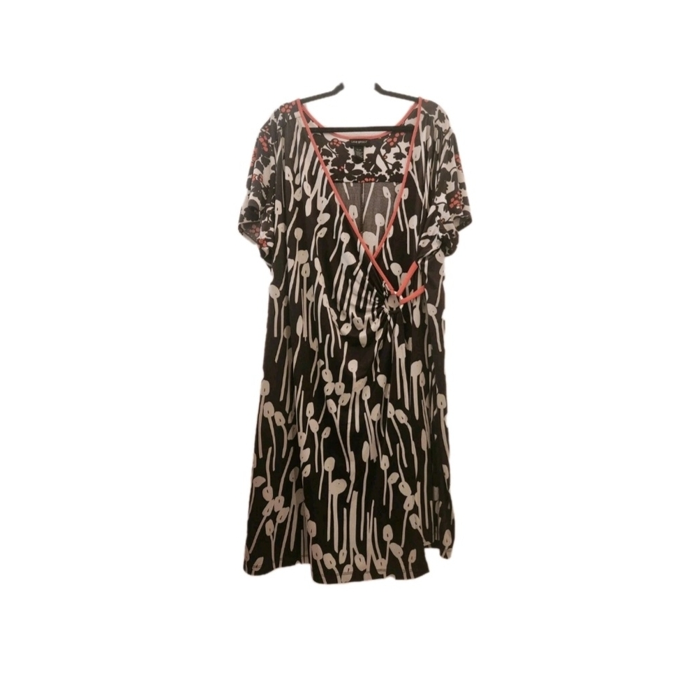 Lane Bryant Brown and Coral Retro Botanical/Floral Print Faux Wrap Midi Dress